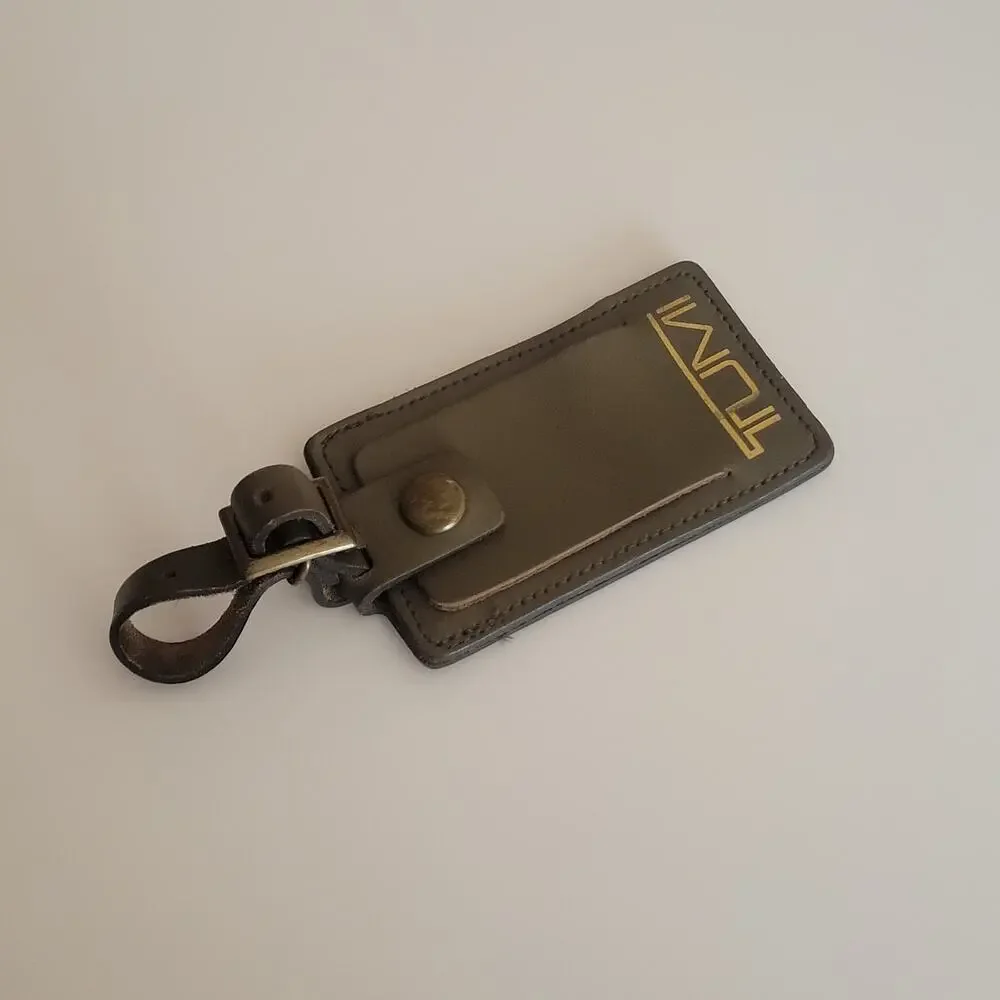 Tumi Olive Brown Leather Luggage Name Tag with Buckle Size 4 1/3